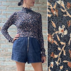 Zara Stretch Top Violet Floral Lace Sheer Long Sleeve Ruffle Mock Neck Bodycon